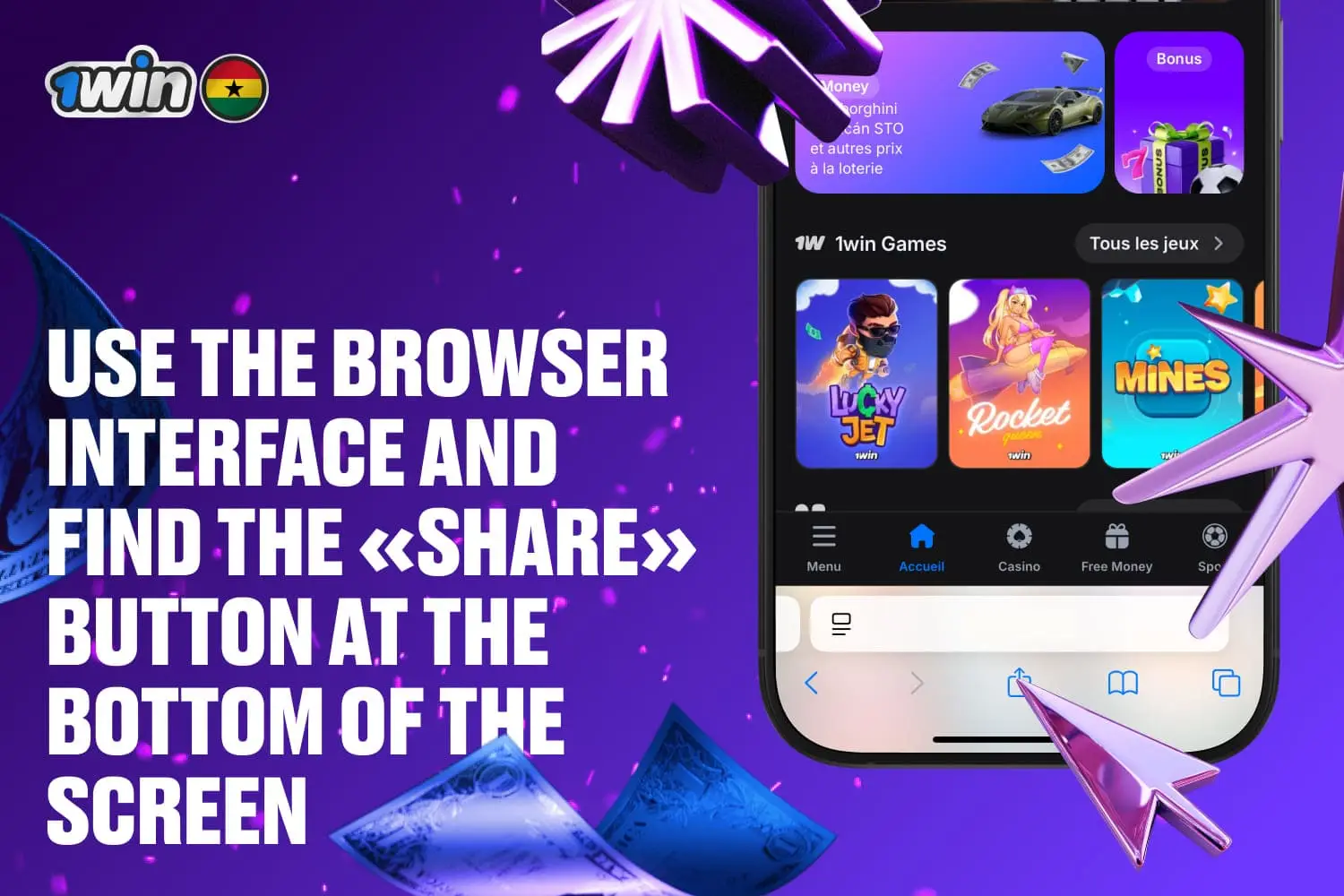 Use the browser interface and find the 'Share' button at the bottom of the screen